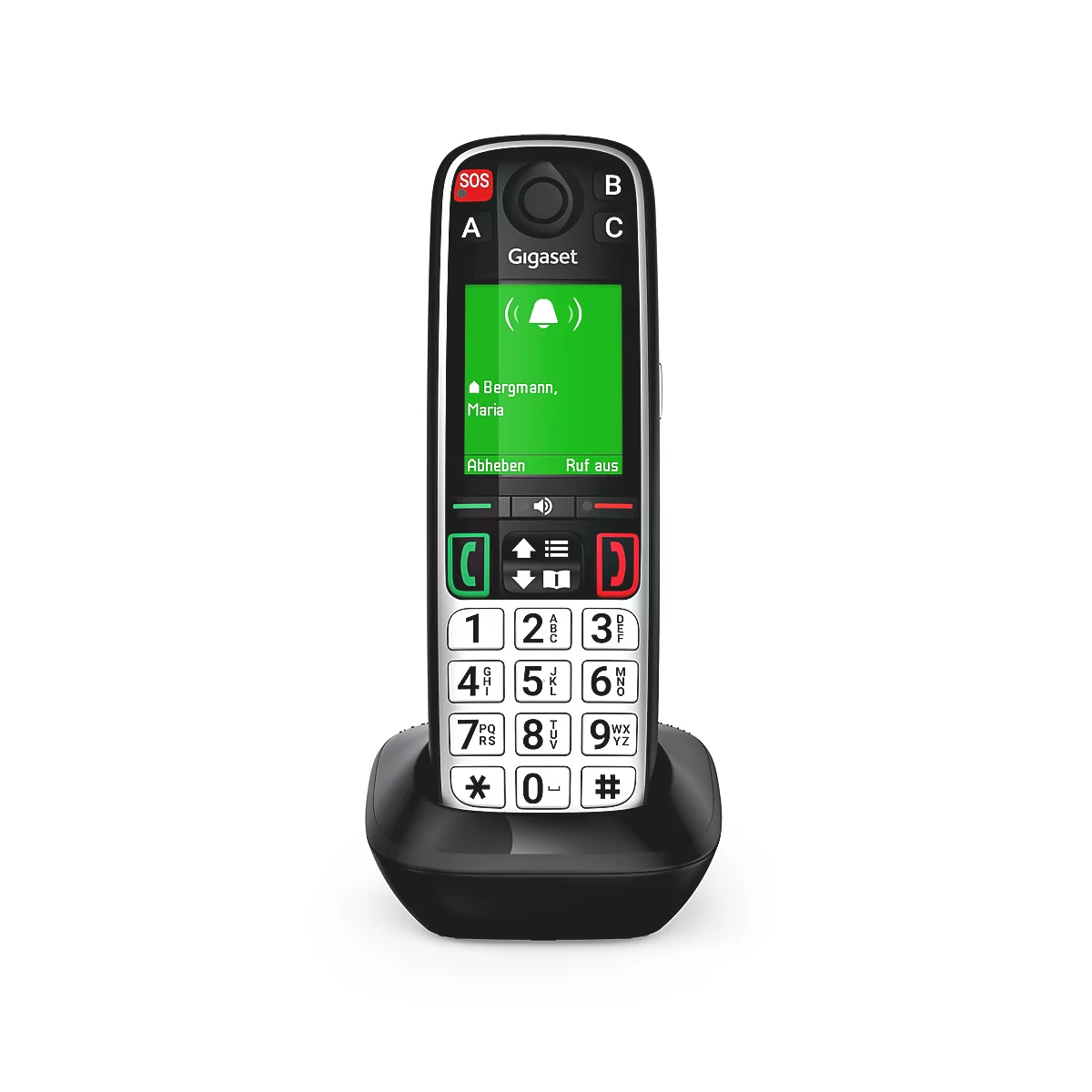 Gigaset Seniorentelefon mit großen Tasten und leuchtgrünem Display auf der Ladestation.