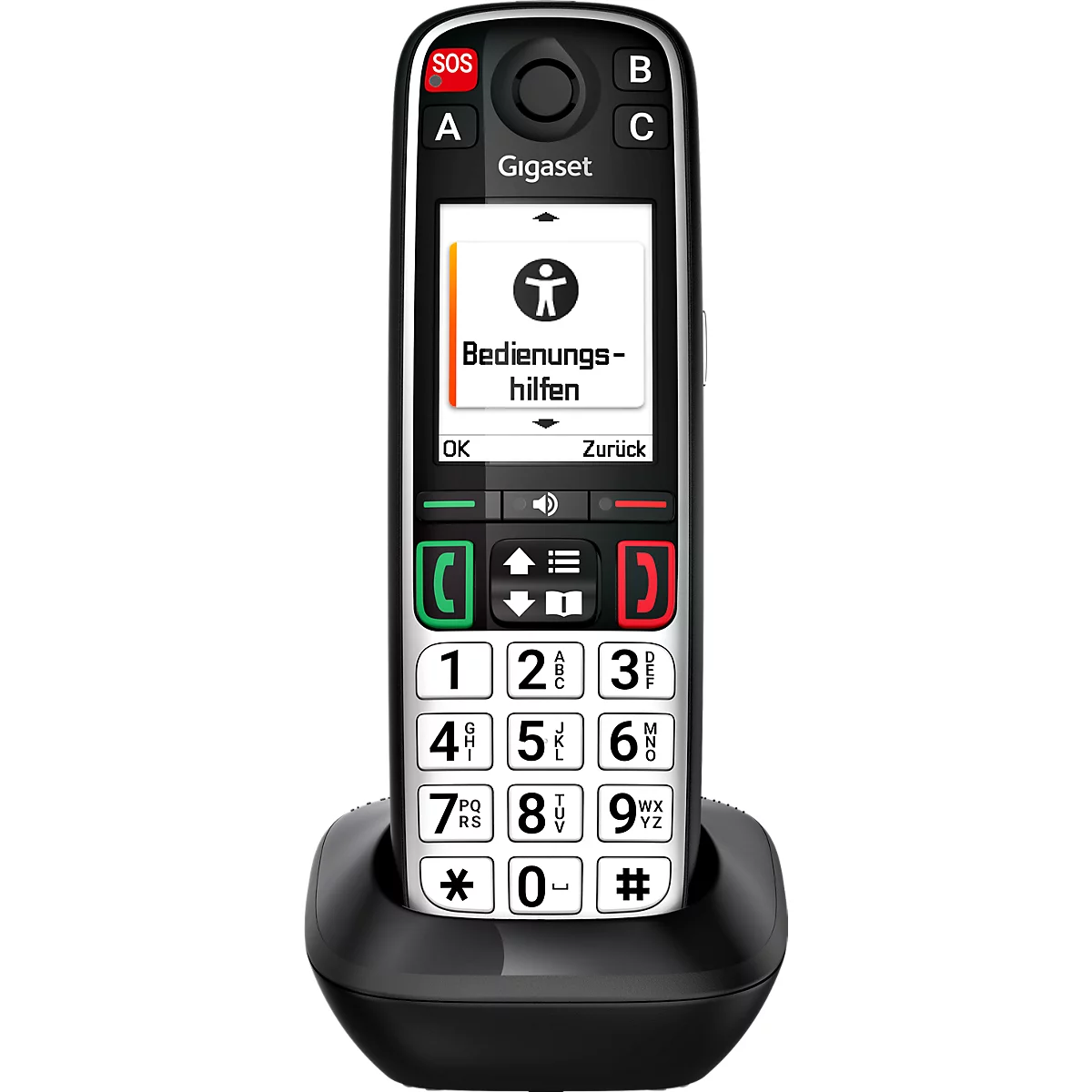 Gigaset Senioren-Telefon in schwarzer Ladestation mit großem Display und Tasten für einfache Bedienung.
