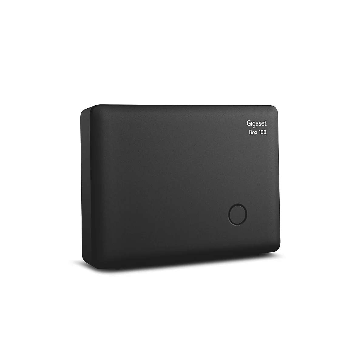 Schwarze Gigaset Box 100 Basisstation in rechteckiger Form mit weißem Logo und einem runden Knopf.