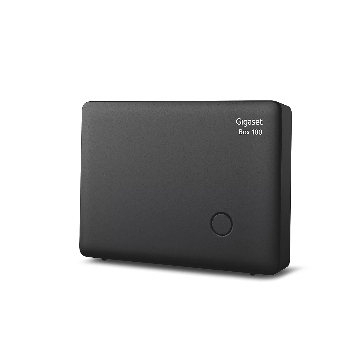 Schwarze Gigaset Box 100 Basisstation vor weißem Hintergrund.