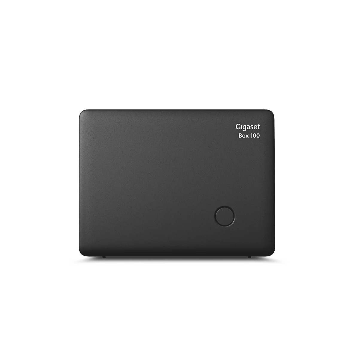 Schwarze Gigaset Box 100 Basisstation auf weißem Hintergrund mit Firmenlogo oben rechts.