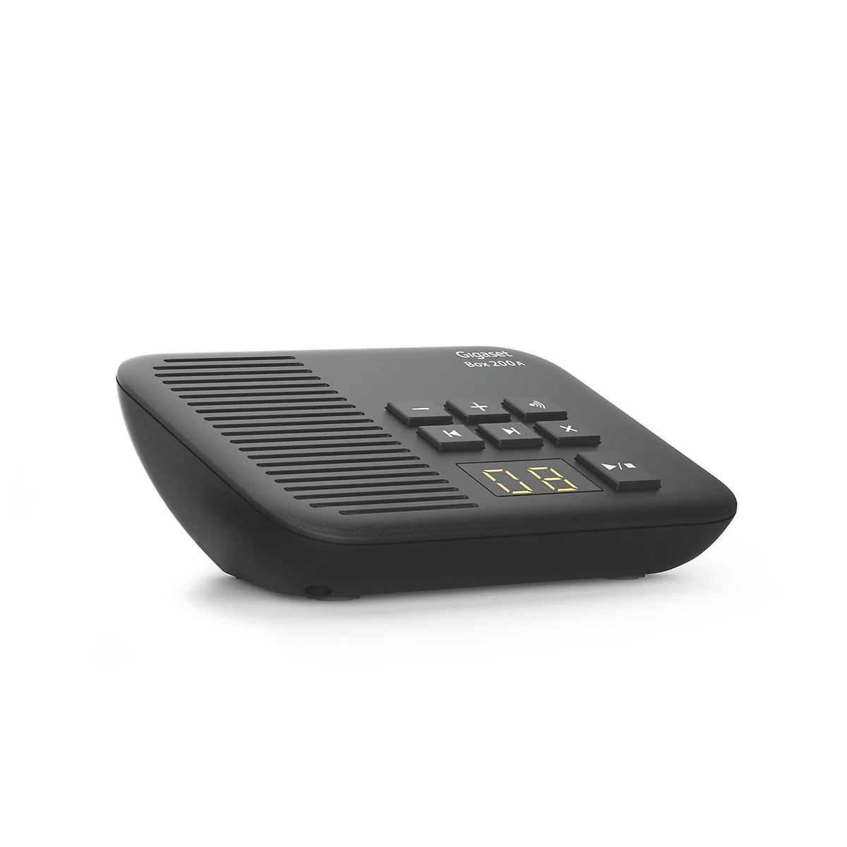 Schwarze Gigaset Box 200A vor weißem Hintergrund mit Tasten, Lautsprechergitter und Digitalanzeige.