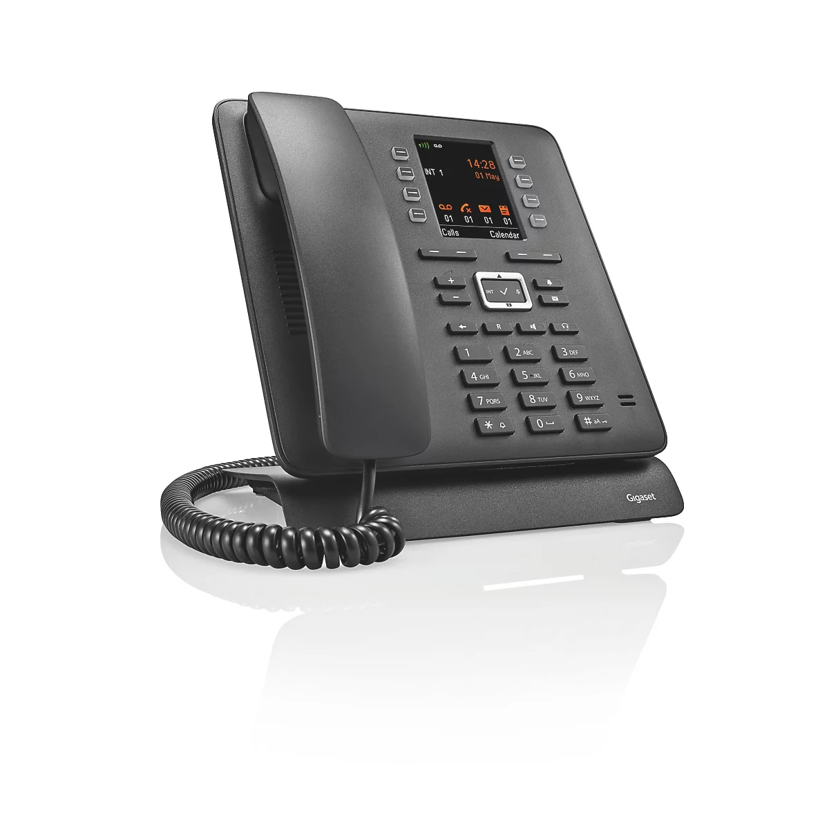 Schwarzes Gigaset IP-Telefon mit Hörer und Display vor neutralem Hintergrund.