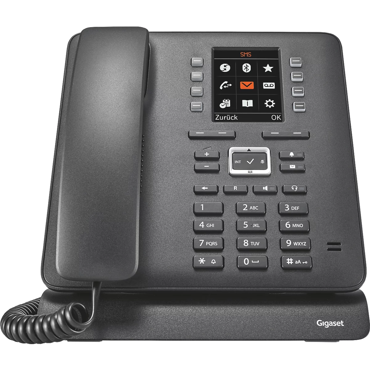 Schwarzes Gigaset Tischtelefon mit Display, Tastenfeld und Hörer auf der linken Seite.