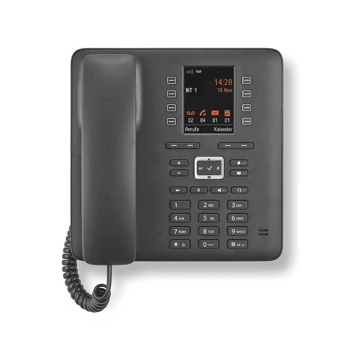 Schwarzes Bürotelefon mit Display, Zifferntasten, Funktionstasten und Hörer, isoliert auf weißem Hintergrund.