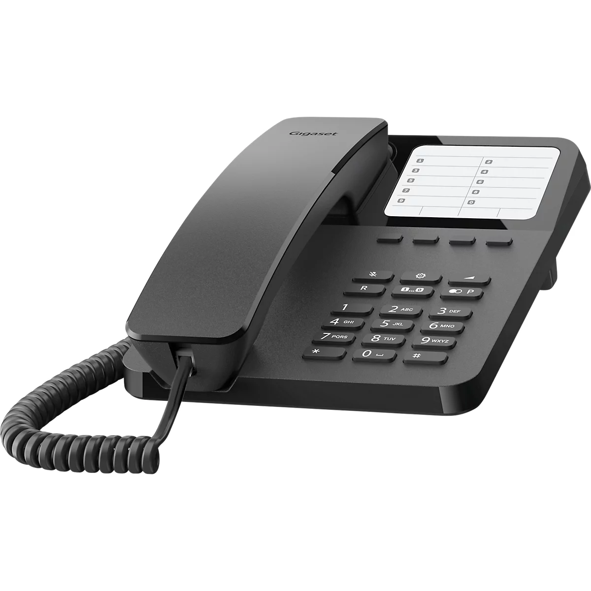 Black desk phone, keyboard and handset are recognizable.