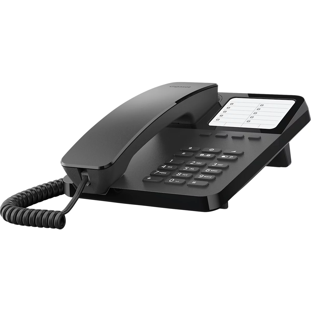 A black desk phone with handset, keypad, and display. The spiral cord is connected.