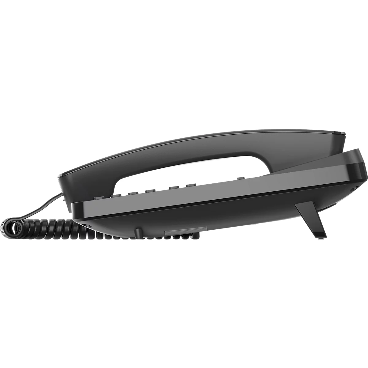 Gray telephone with handset, spiral cable, and keypad, photographed slightly askew from the side.