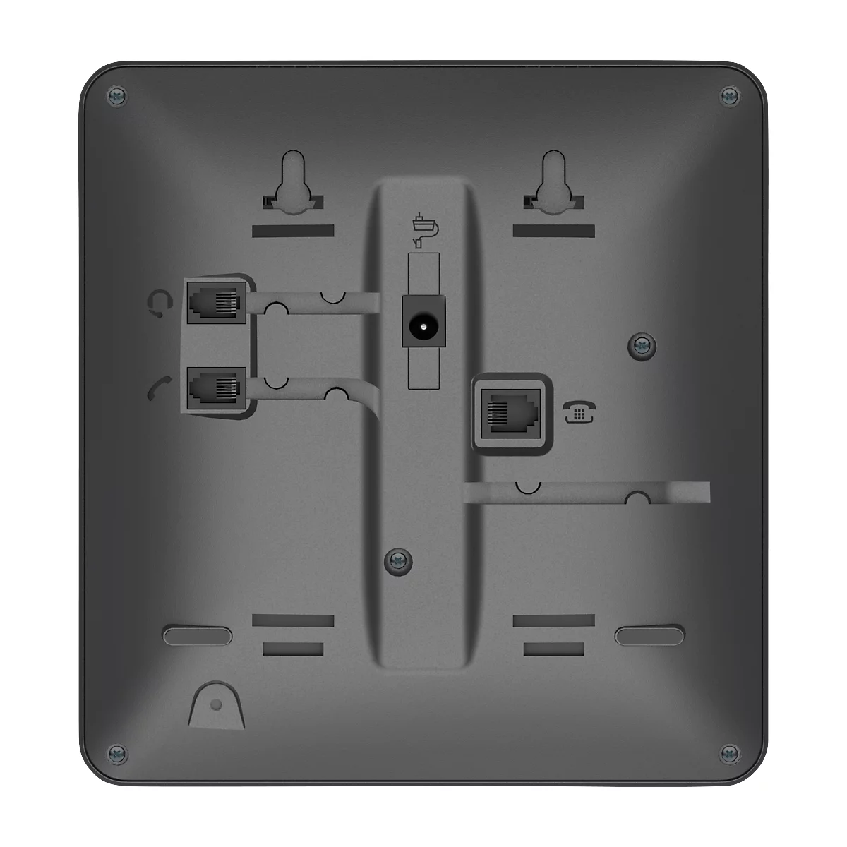Combiné téléphonique gris avec connecteurs, prises et dispositifs de montage.