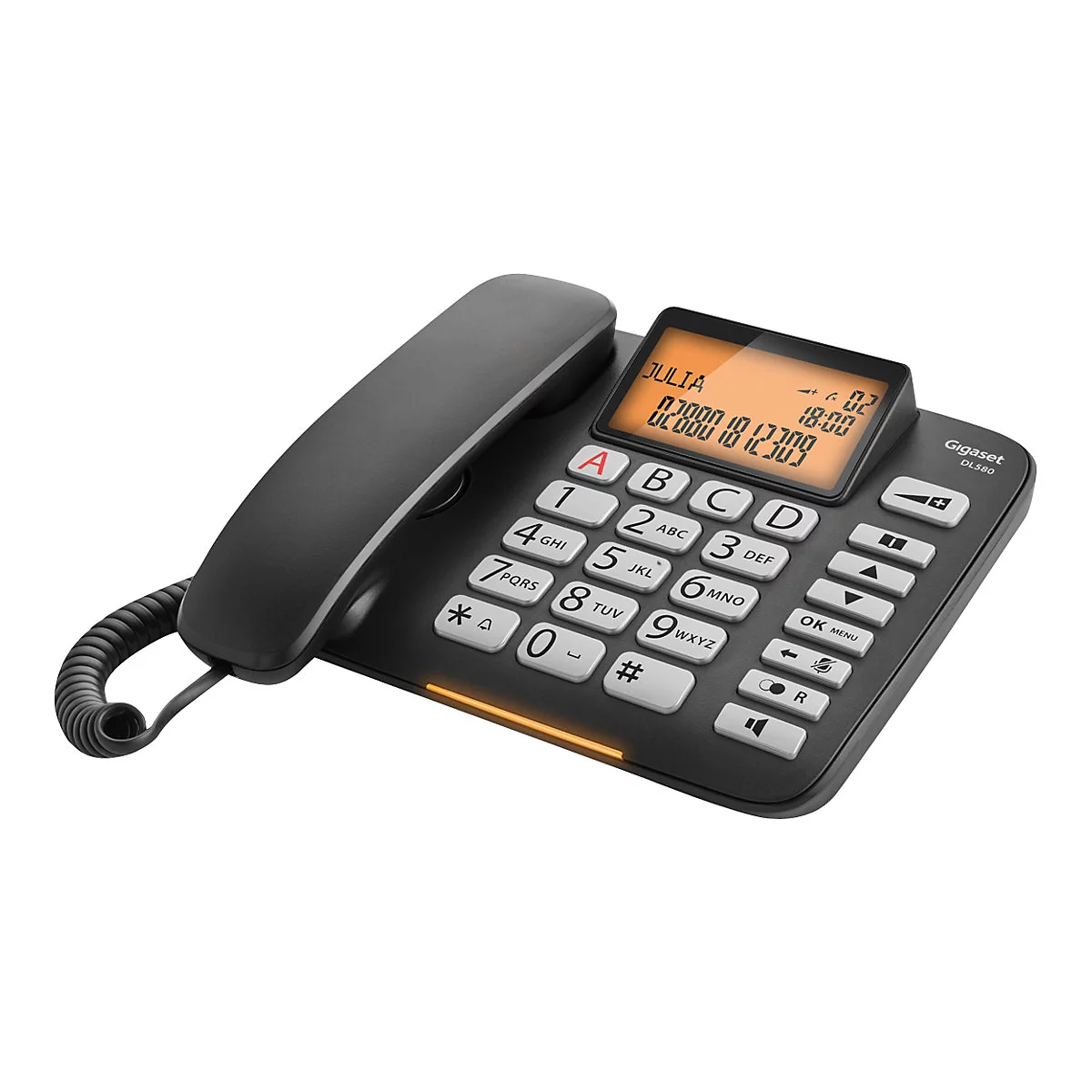 Schwarzes Festnetztelefon mit Display, Tastatur und Hörer. Auf dem Display steht "JULIA", eine Nummer und die Uhrzeit.