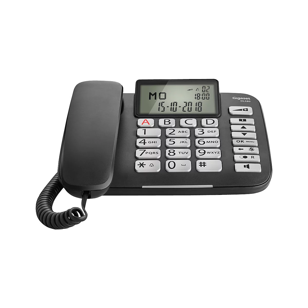Schwarzes Festnetztelefon mit Display. Auf dem Display Datum und Uhrzeit. Tasten mit Buchstaben und Zahlen. Telefonhörer liegt auf der Basis.
