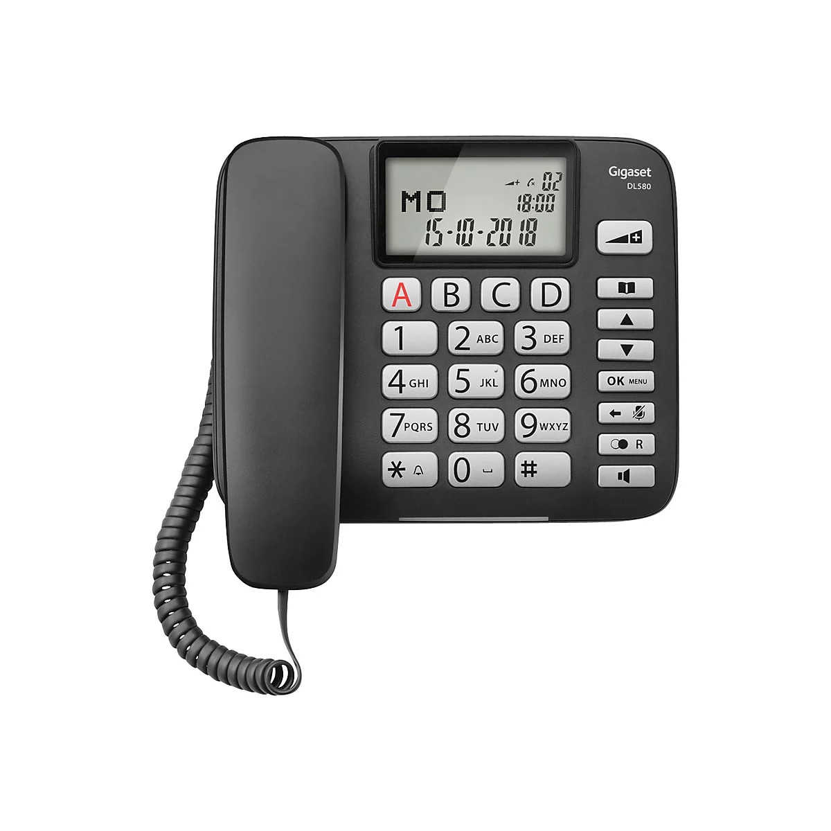 Schwarzes schnurgebundenes Telefon. Ein Display zeigt Datum und Uhrzeit. Knöpfe mit Buchstaben und Zahlen sind sichtbar.