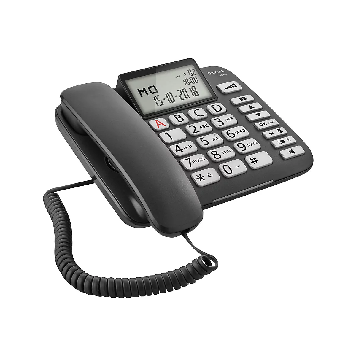 Schwarzes Festnetztelefon mit Tasten und Display. Datum 15.10.2018, Uhrzeit 18:00. Telefonhörer verbunden durch Spiralkabel.