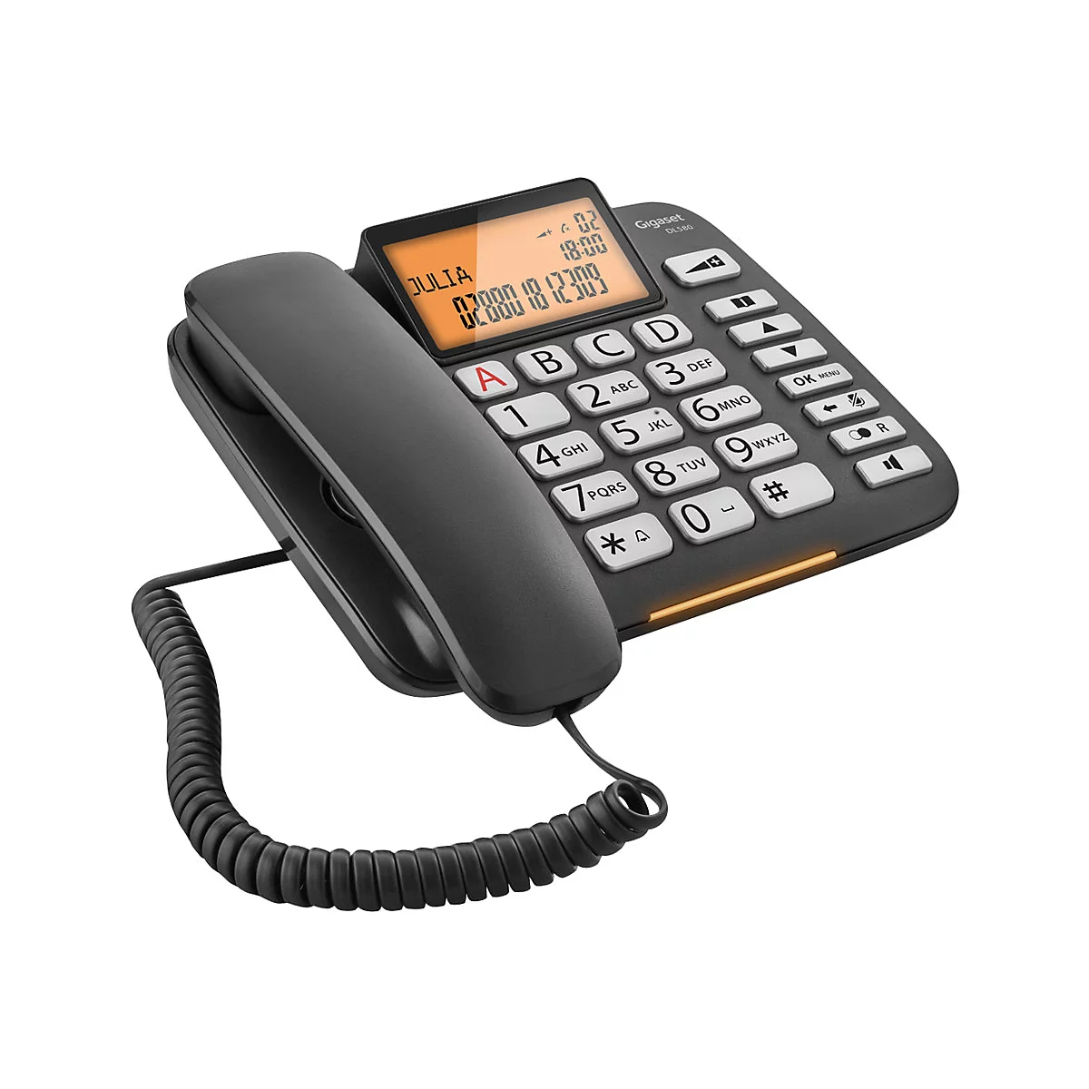 Schwarzes Tischtelefon, Display mit Namen JULIA und Rufnummer, graue Tasten, orangefarbene Beleuchtung.