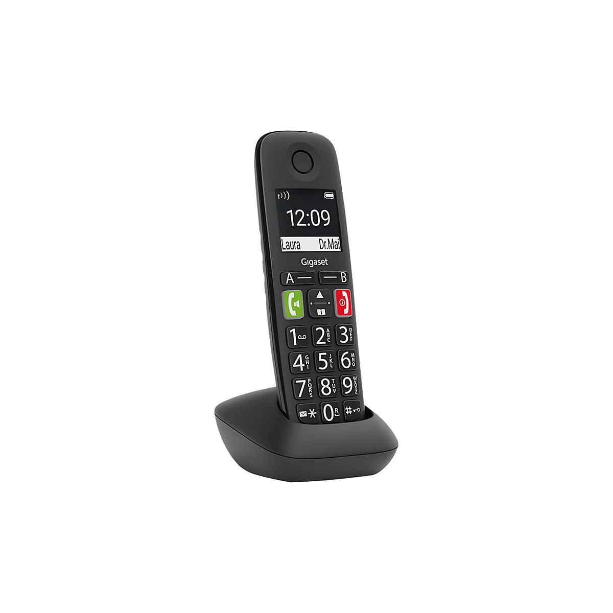 Ein schwarzes Schnurlostelefon auf einer Ladestation. Display mit Uhrzeit und Kontaktnamen. Auf der Tastatur Ziffern, Rufannahme- und Beendetaste.