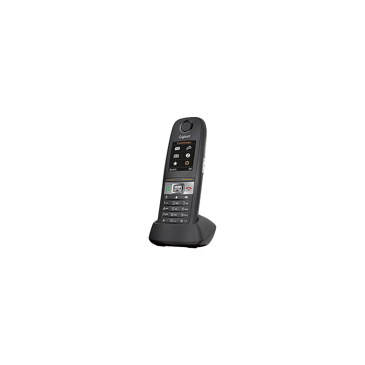 Schnurloses Telefon, schwarz. Display mit Menü, Tastenfeld mit Ziffern. Telefon steht in Ladestation.