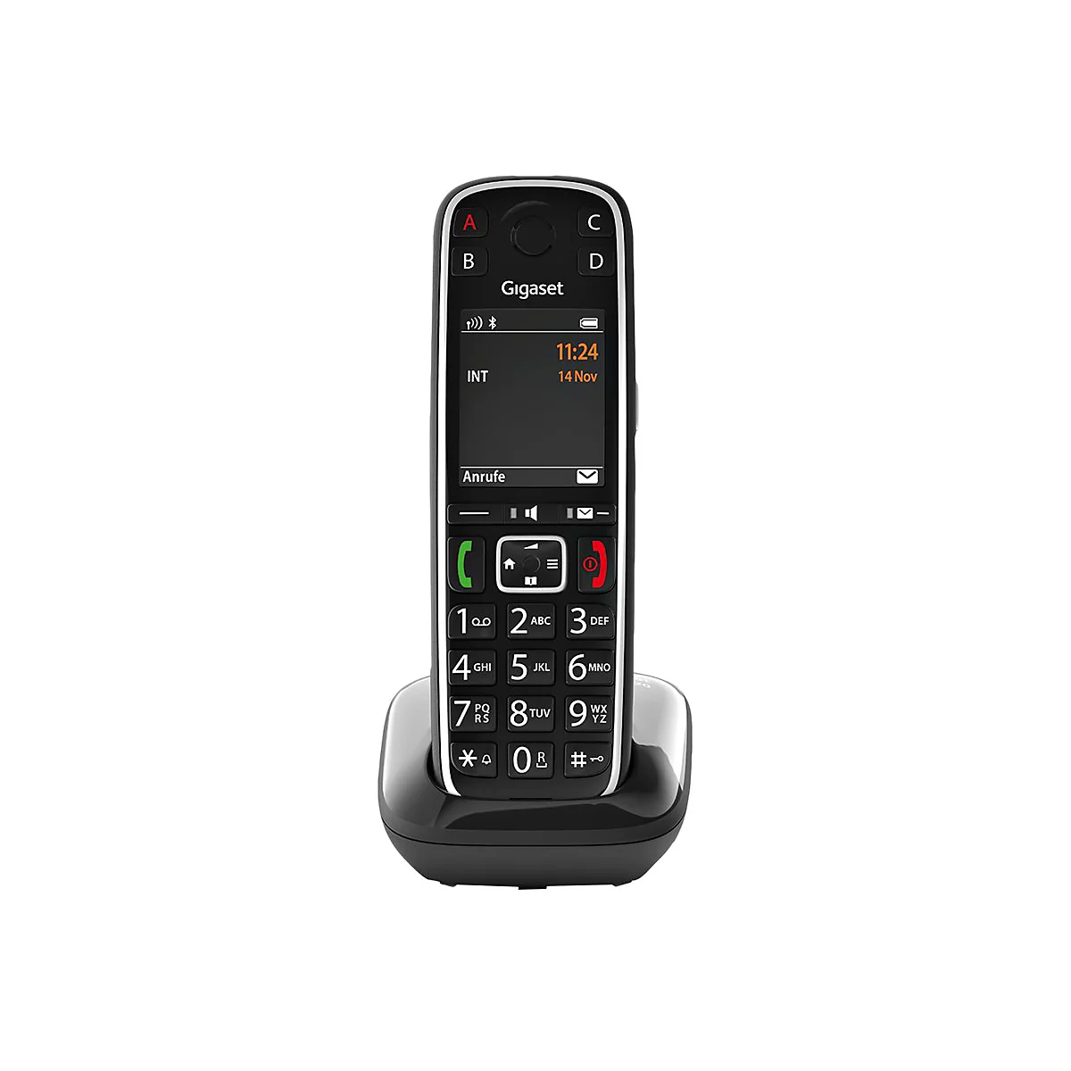 Schwarzes schnurloses Telefon auf Ladestation. Display mit Uhrzeit, Datum und MenÃ¼. Tastatur mit groÃŸen Ziffern.