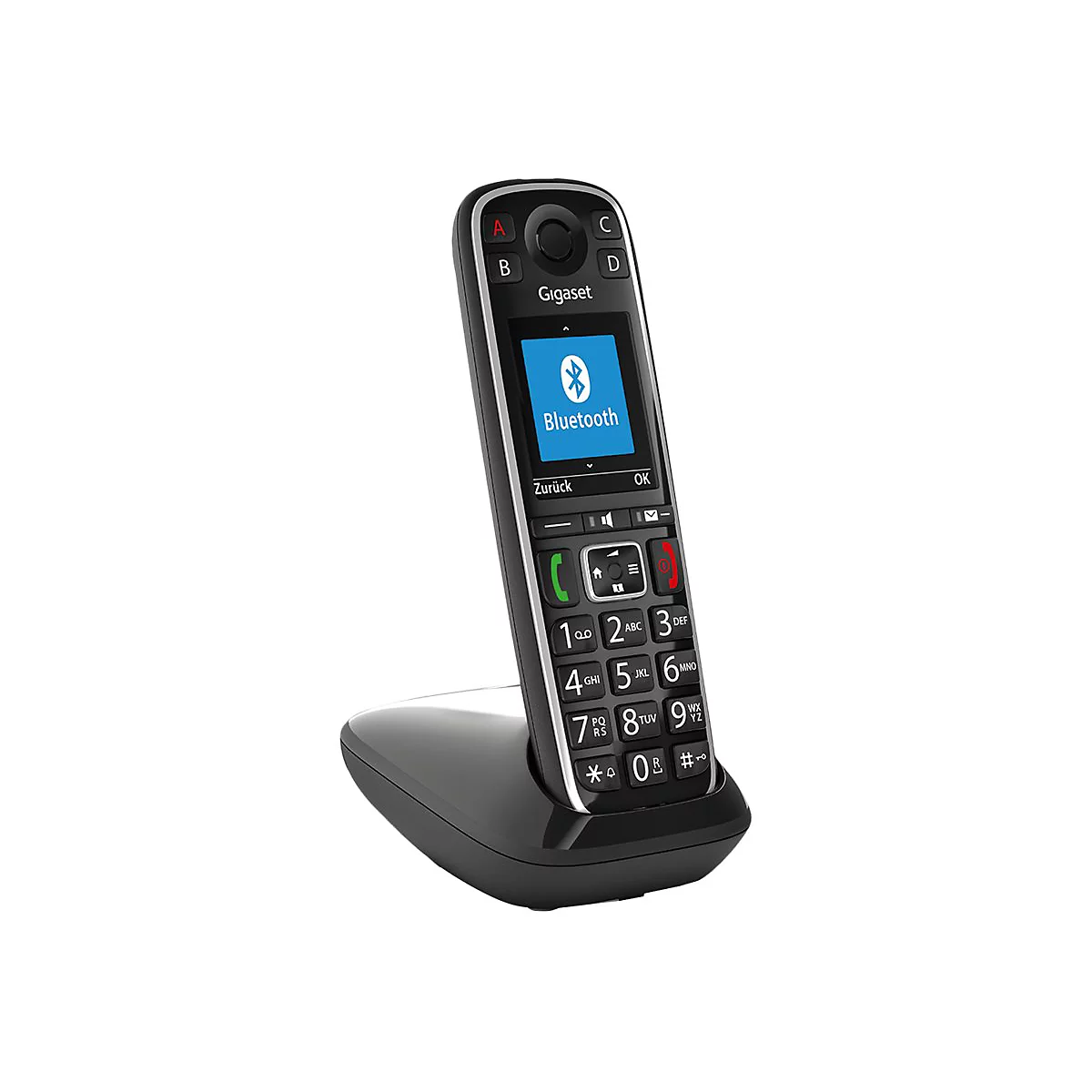 Schnurloses Telefon, schwarz, mit Bluetooth und Tasten, im LadegerÃ¤t.