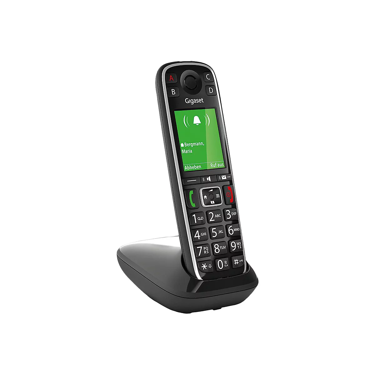 Schnurloses Telefon mit Display in schwarzem Dock. Display zeigt Anrufer. Marke Gigaset.
