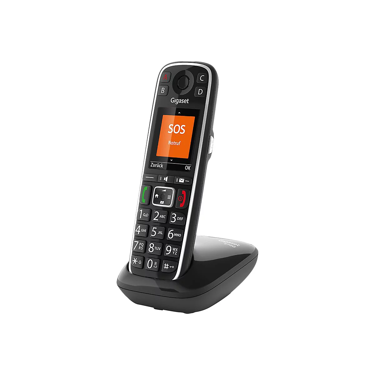 Schwarzes schnurloses Telefon mit SOS-Taste auf dem Display. Das Telefon steht in einer Ladestation.