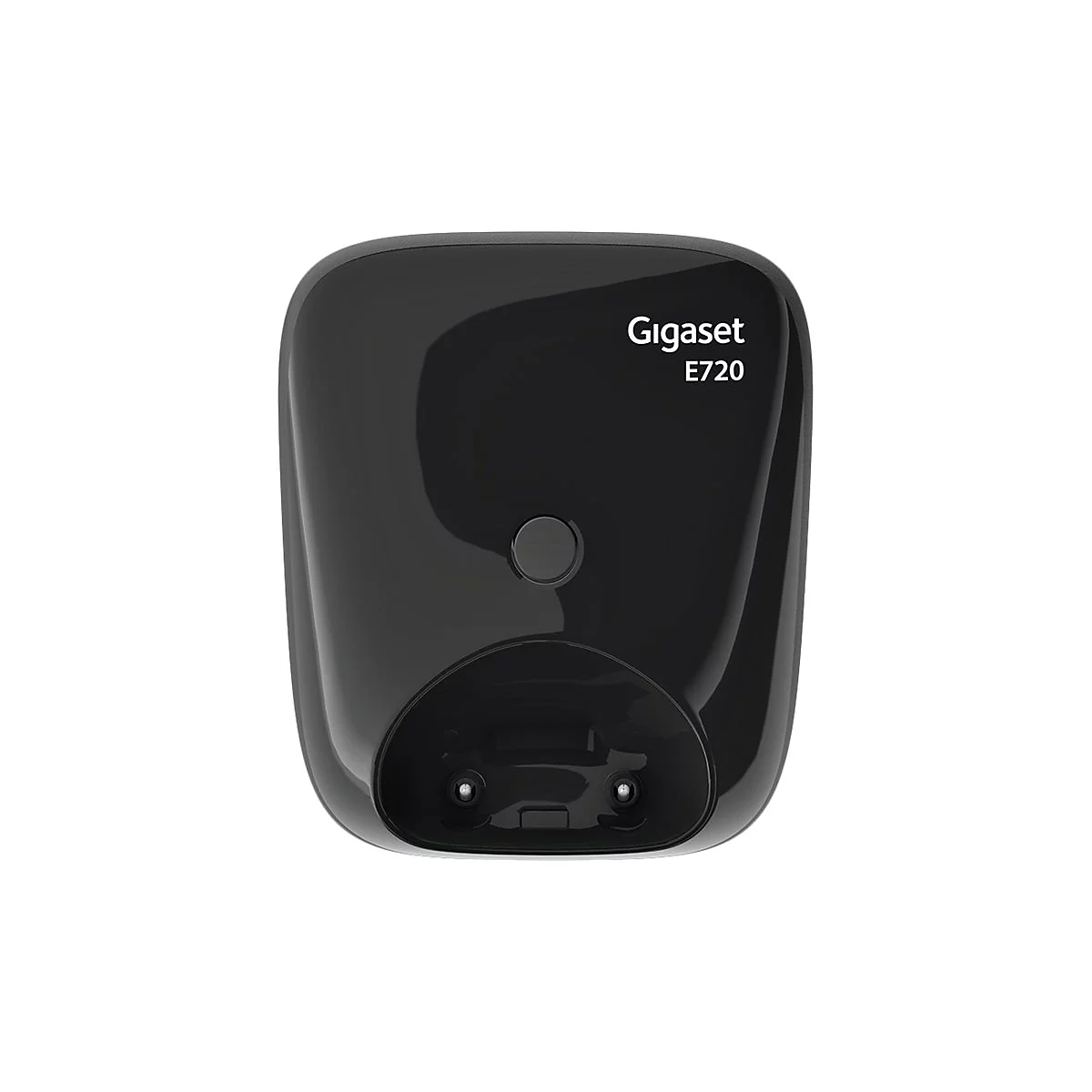 Schwarze Telefon-Basisstation Gigaset E720 mit Ladeschale, Schriftzug und Knopf.