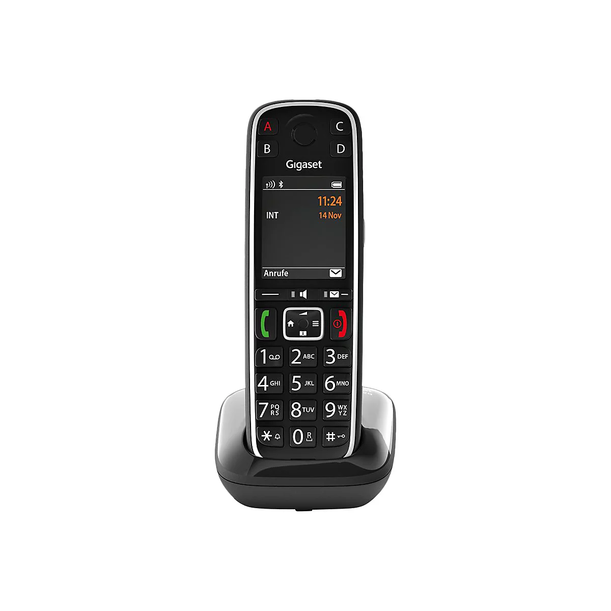 Ein schwarzes schnurloses Telefon mit Display auf einer Ladestation. Auf dem Display steht die Uhrzeit und der Name Gigaset.