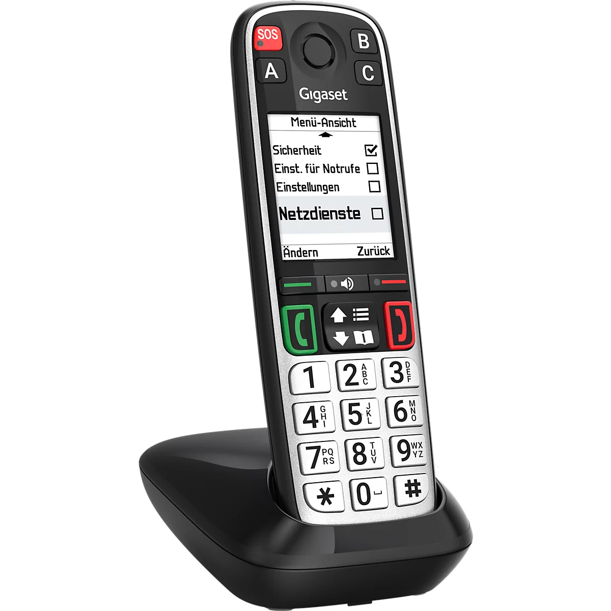 Gigaset Seniorentelefon mit grossen Tasten und beleuchtetem Display in der Ladestation.