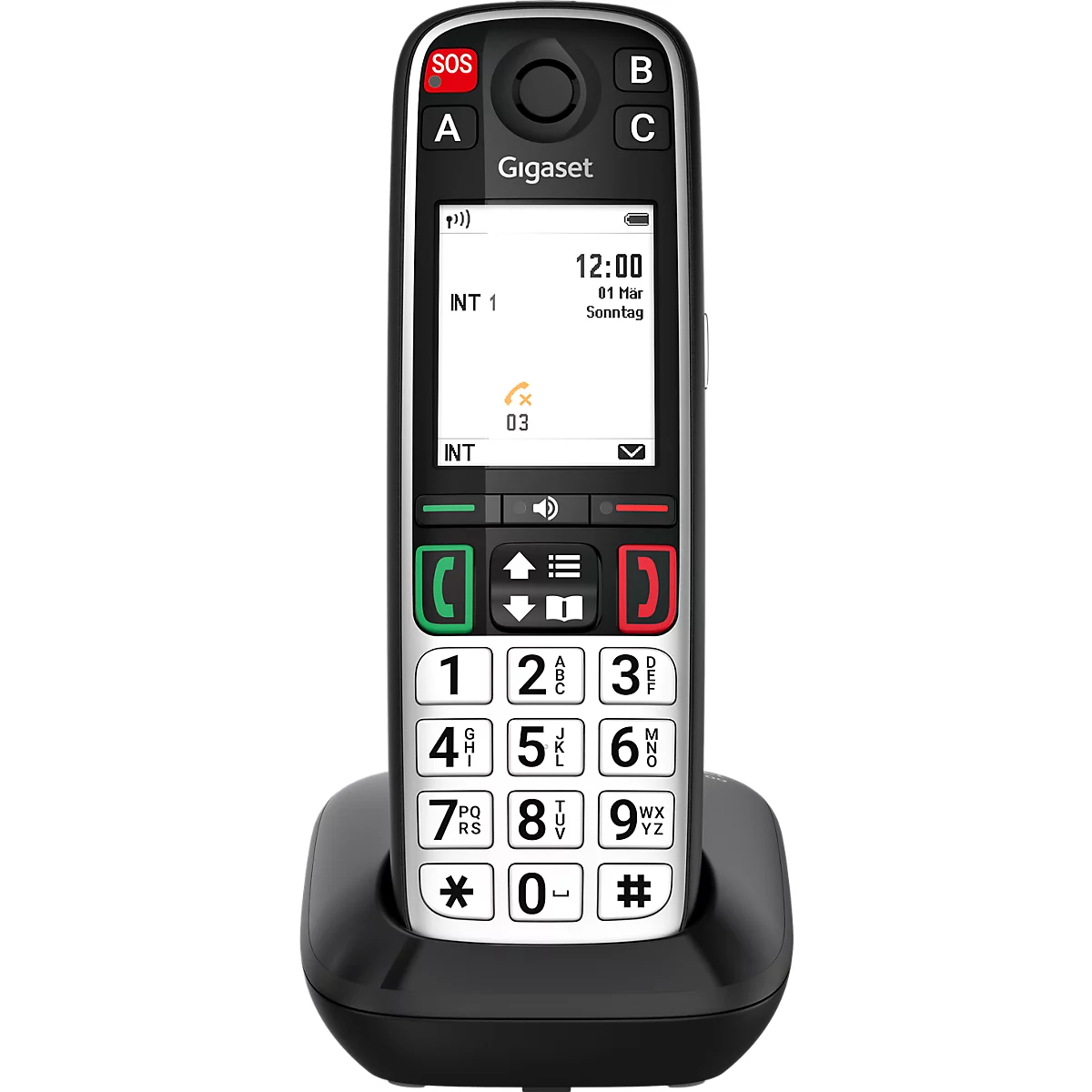 Gigaset Seniorentelefon mit großen Tasten und SOS-Knopf in einer schwarzen Ladestation.