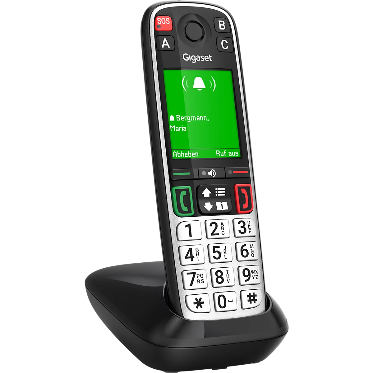 Gigaset Seniorentelefon in Schwarz und Silber mit großem Display und Tasten in der Ladestation.