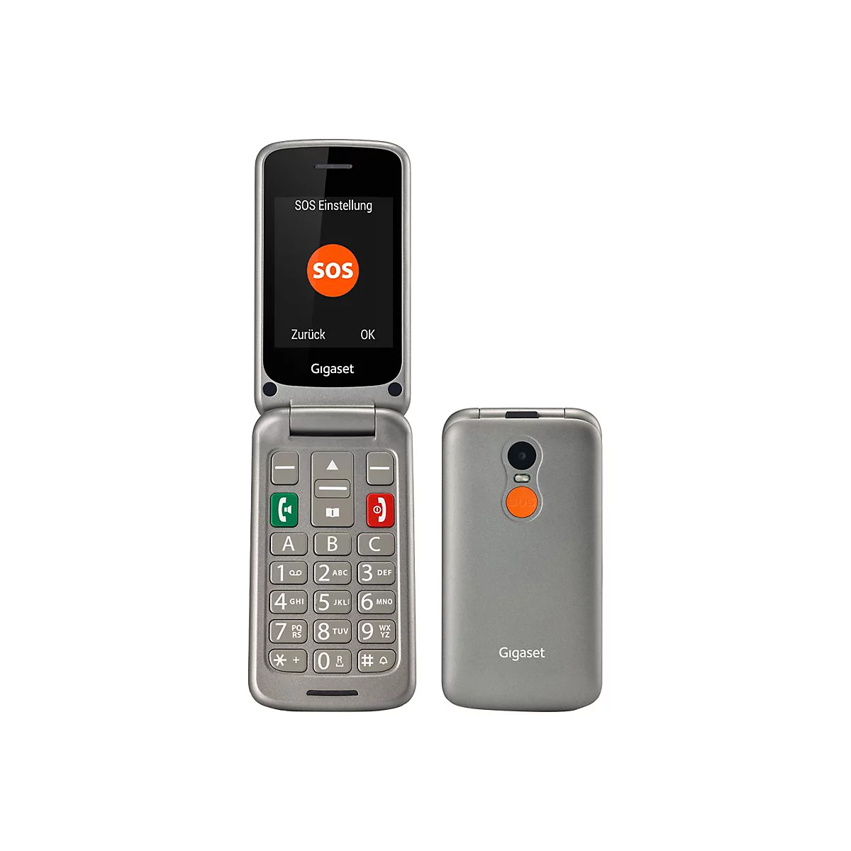 Klapphandy, geöffnet, SOS-Funktion aktiviert. Graues Gehäuse, große Tasten, orangefarbene SOS-Taste auf der Rückseite. Hersteller: Gigaset.