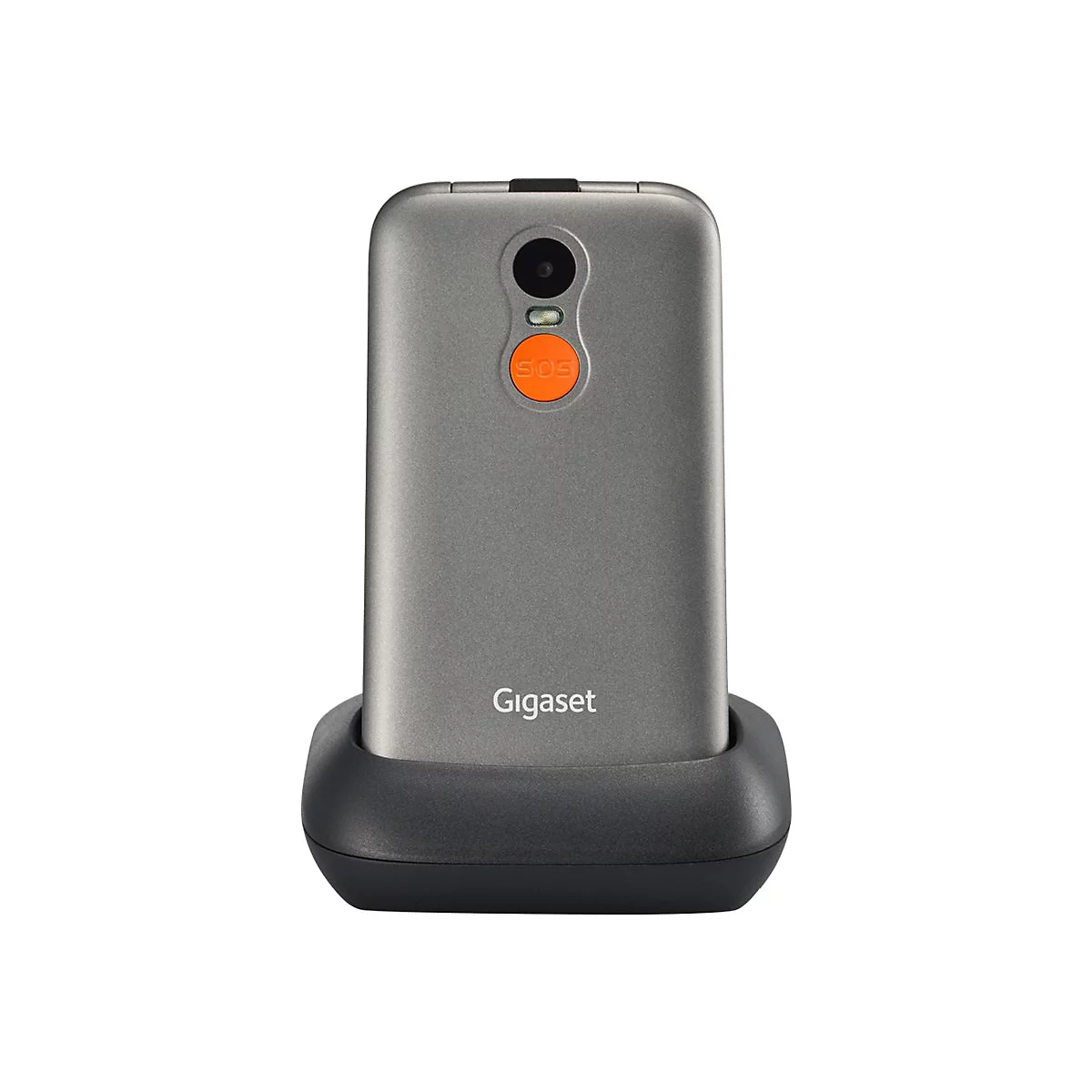 Graues Gigaset-Telefon, in Ladeschale, mit SOS-Taste. Logo unterhalb.
