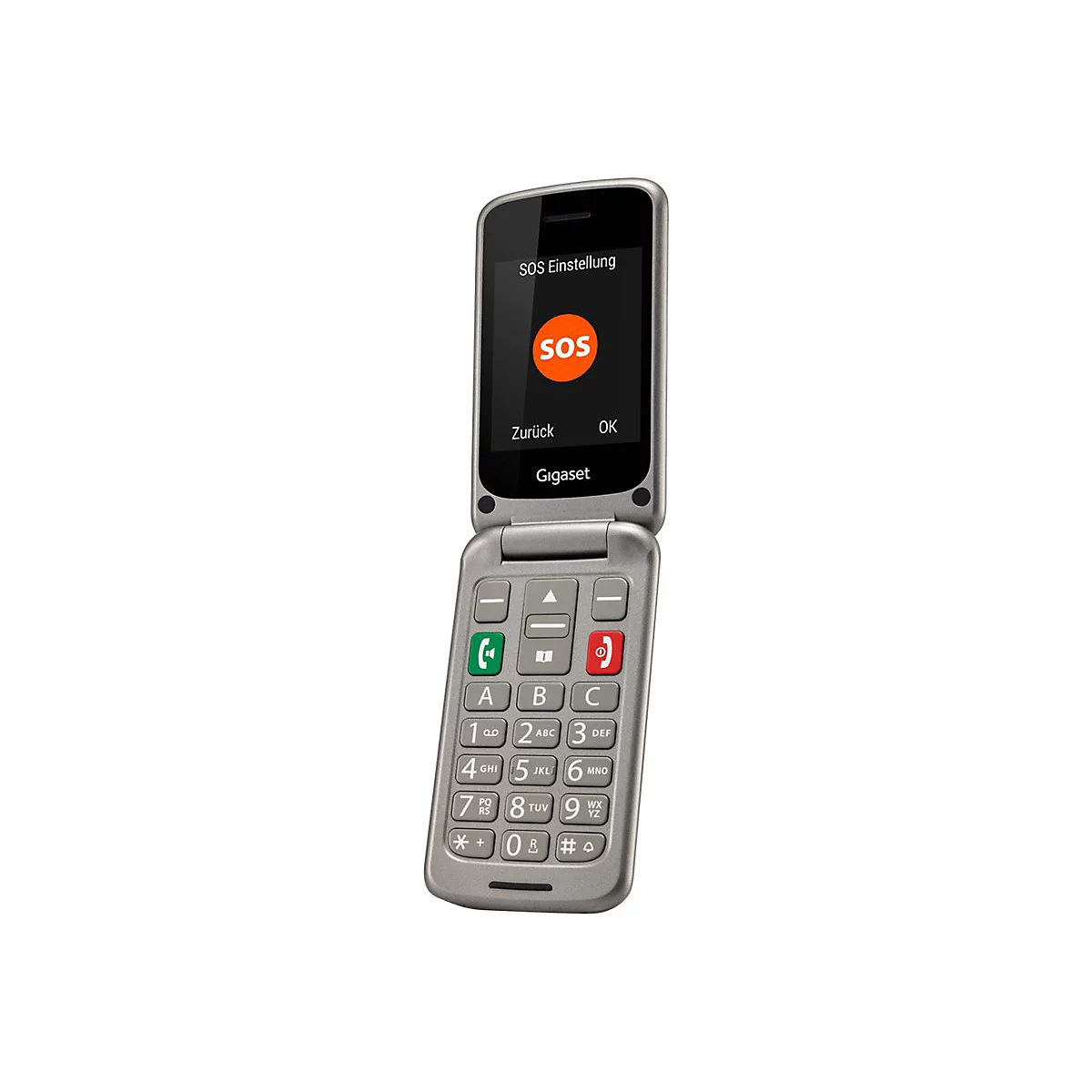 Klapphandy in Silber. Das Display zeigt ein SOS-Menü, darunter eine Tastatur mit großen Tasten.