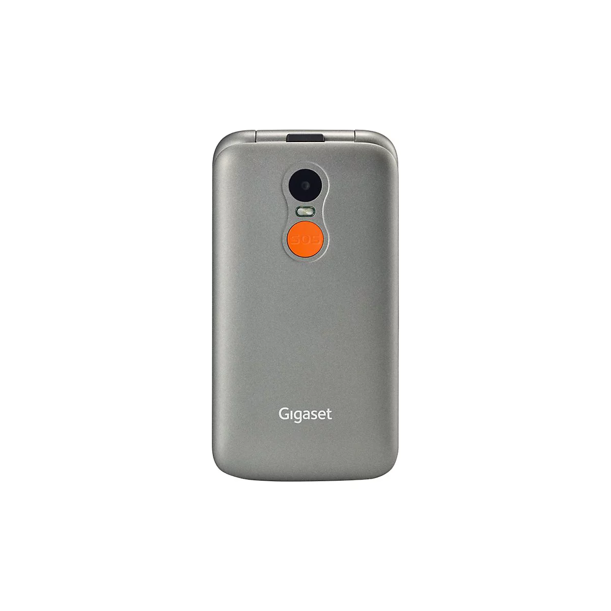 Graues Handy mit orangefarbenem SOS-Knopf und Kamera.