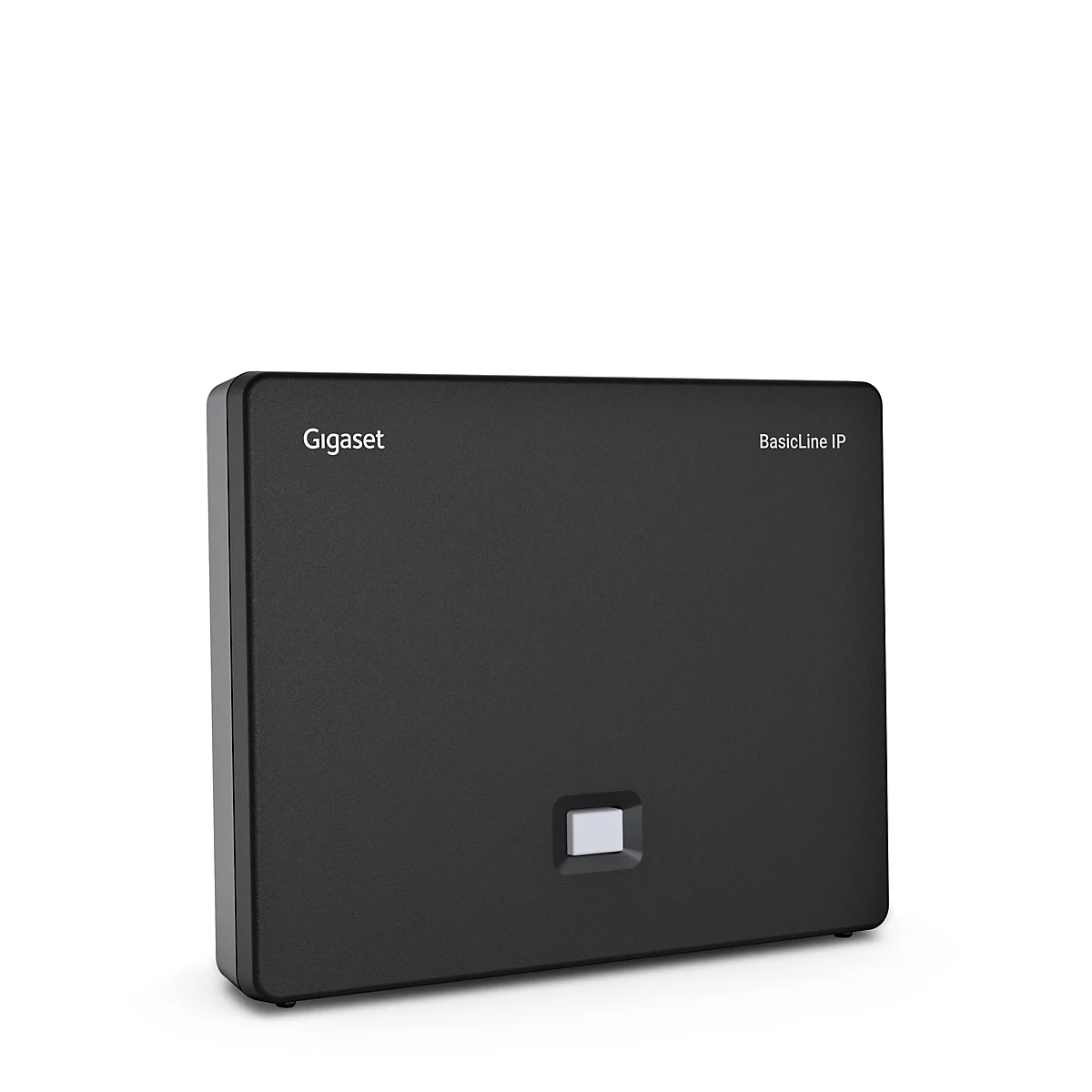 Schwarze Gigaset BasicLine IP Basisstation vor weißem Hintergrund.