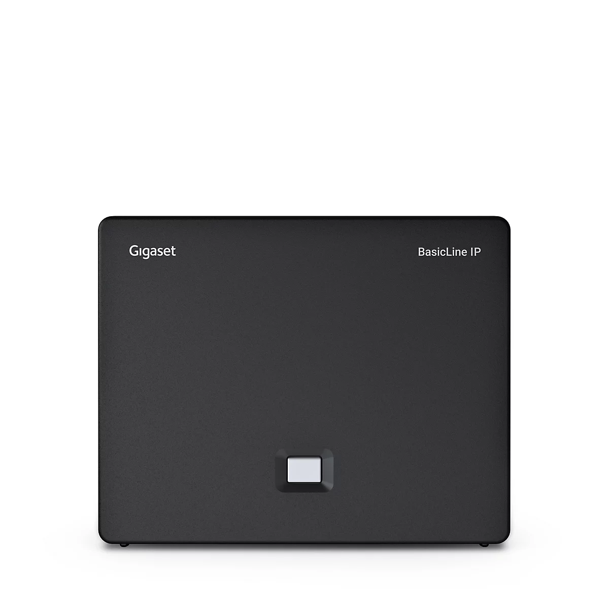 Schwarze Gigaset BasicLine IP Basisstation mit leuchtender Anzeige vor weißem Hintergrund.