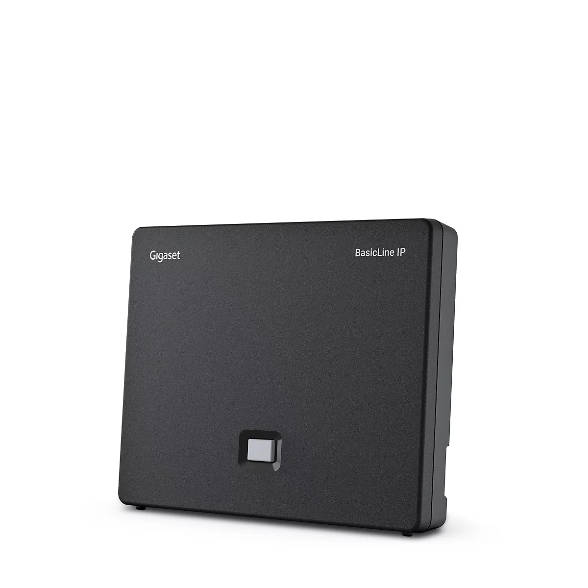 Schwarze Gigaset BasicLine IP Basisstation vor weißem Hintergrund.