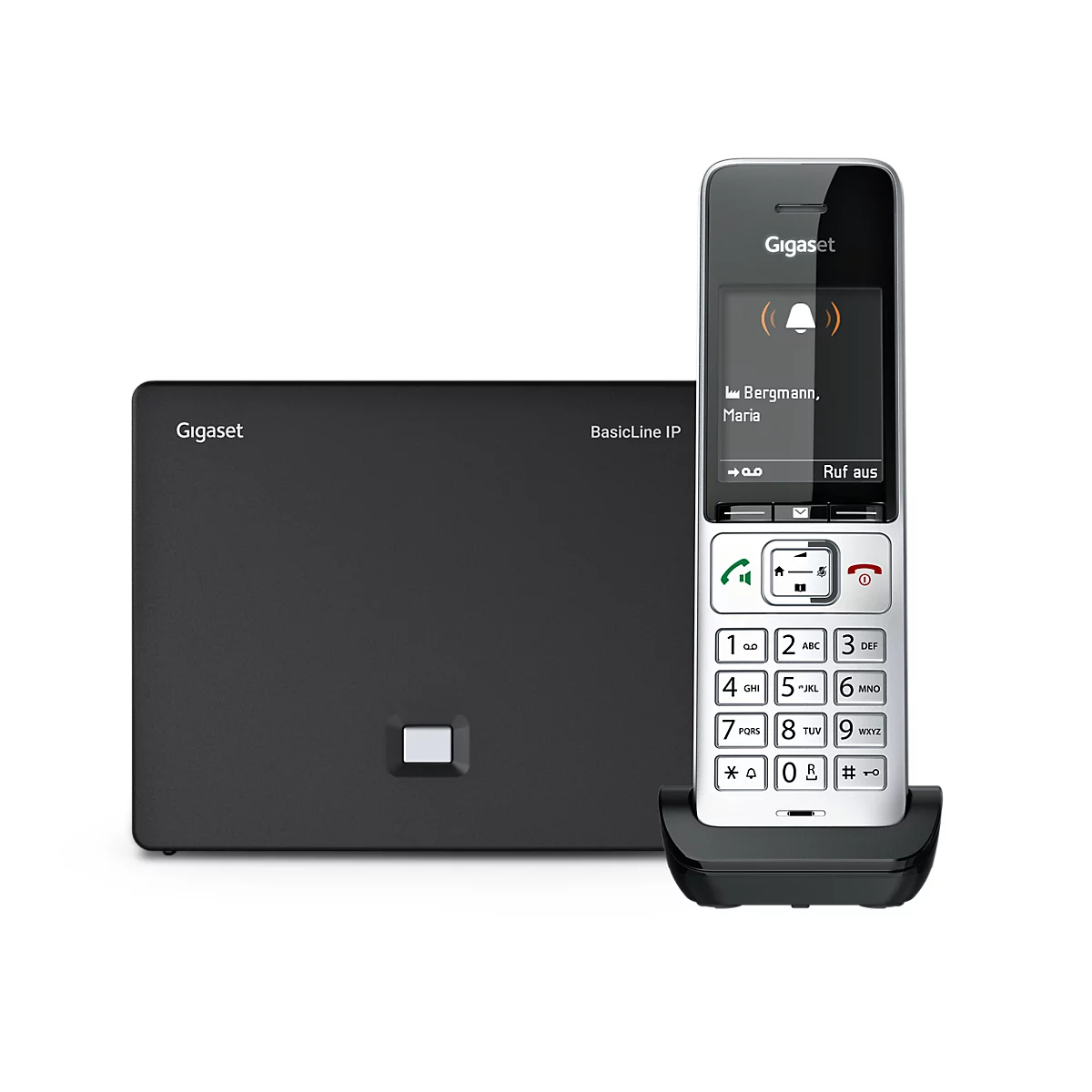 Schwarze Gigaset Basisstation und silbernes DECT-Telefon mit beleuchtetem Display vor weißem Hintergrund.