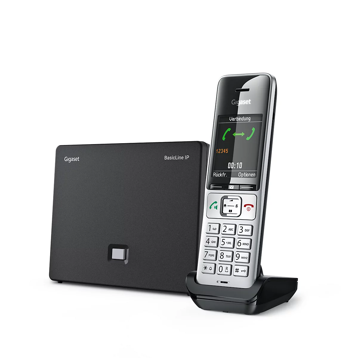 Gigaset IP-Telefon mit Basisstation und schnurlosem Mobilteil auf weißem Hintergrund.