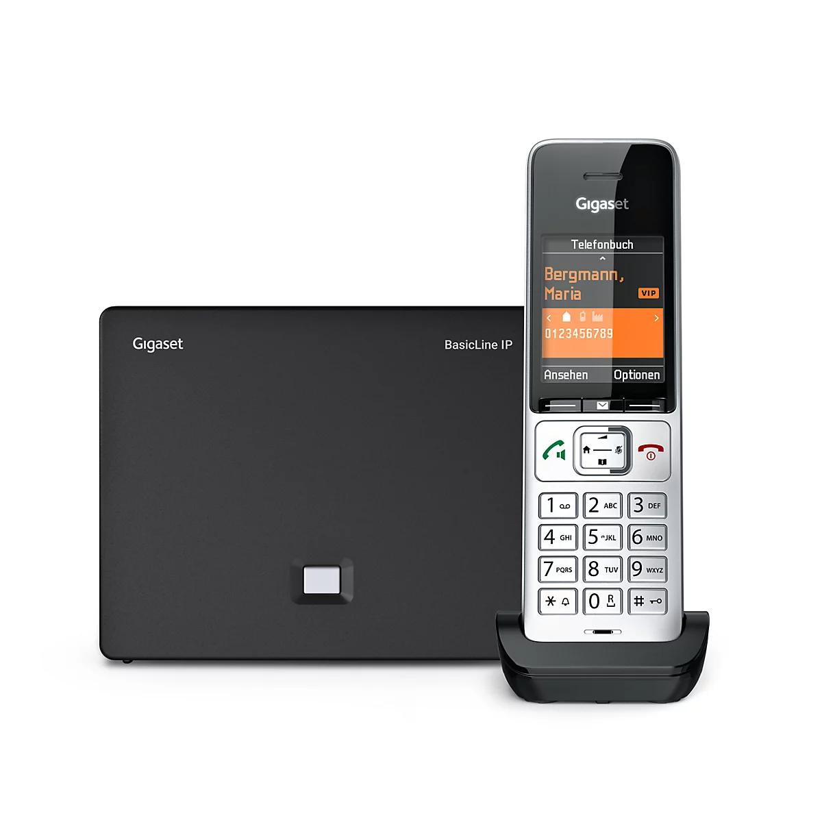 Gigaset IP-Telefon mit Basisstation und beleuchtetem Display.