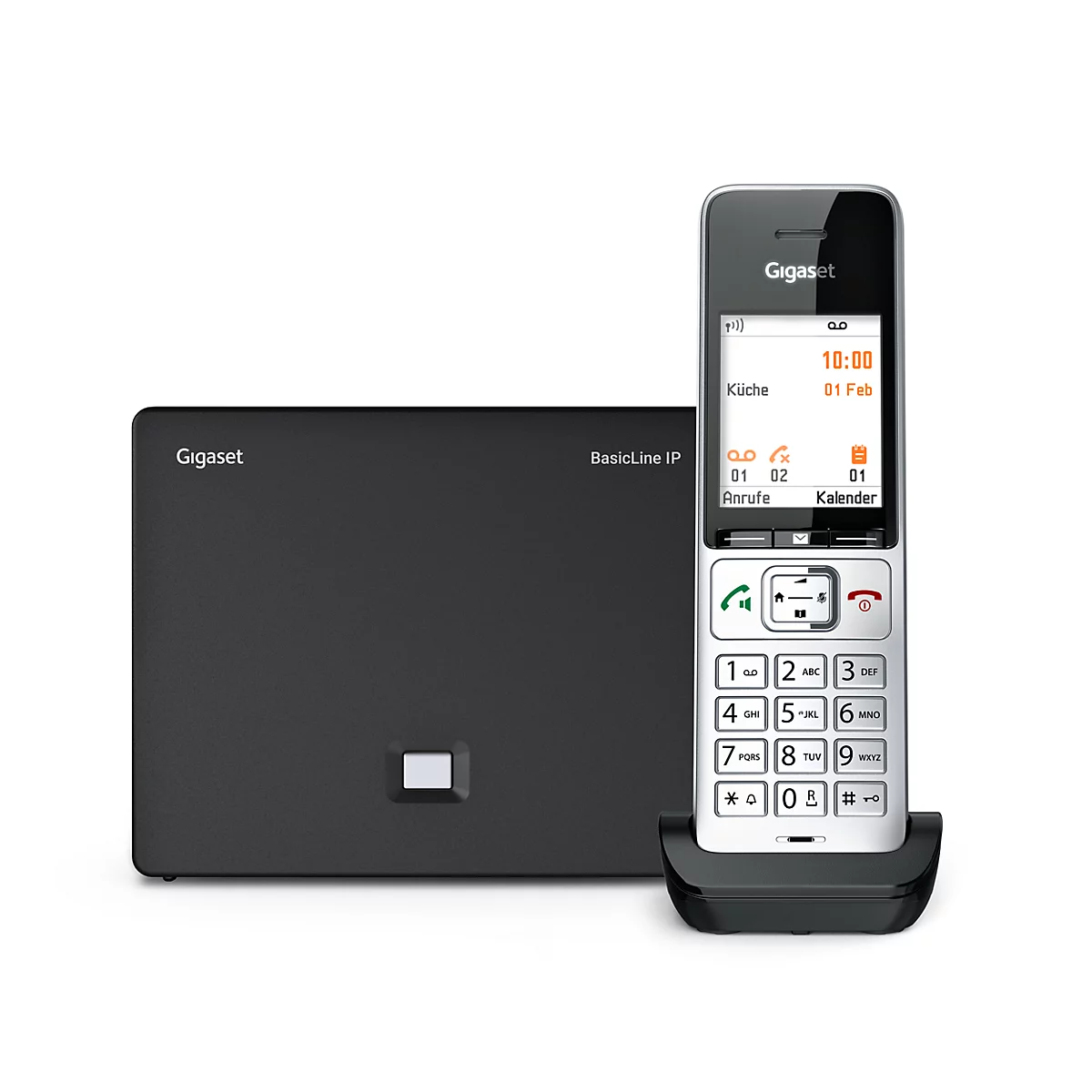 Schwarze Basisstation und silber-schwarzes schnurloses Gigaset-Telefon auf weißem Hintergrund.