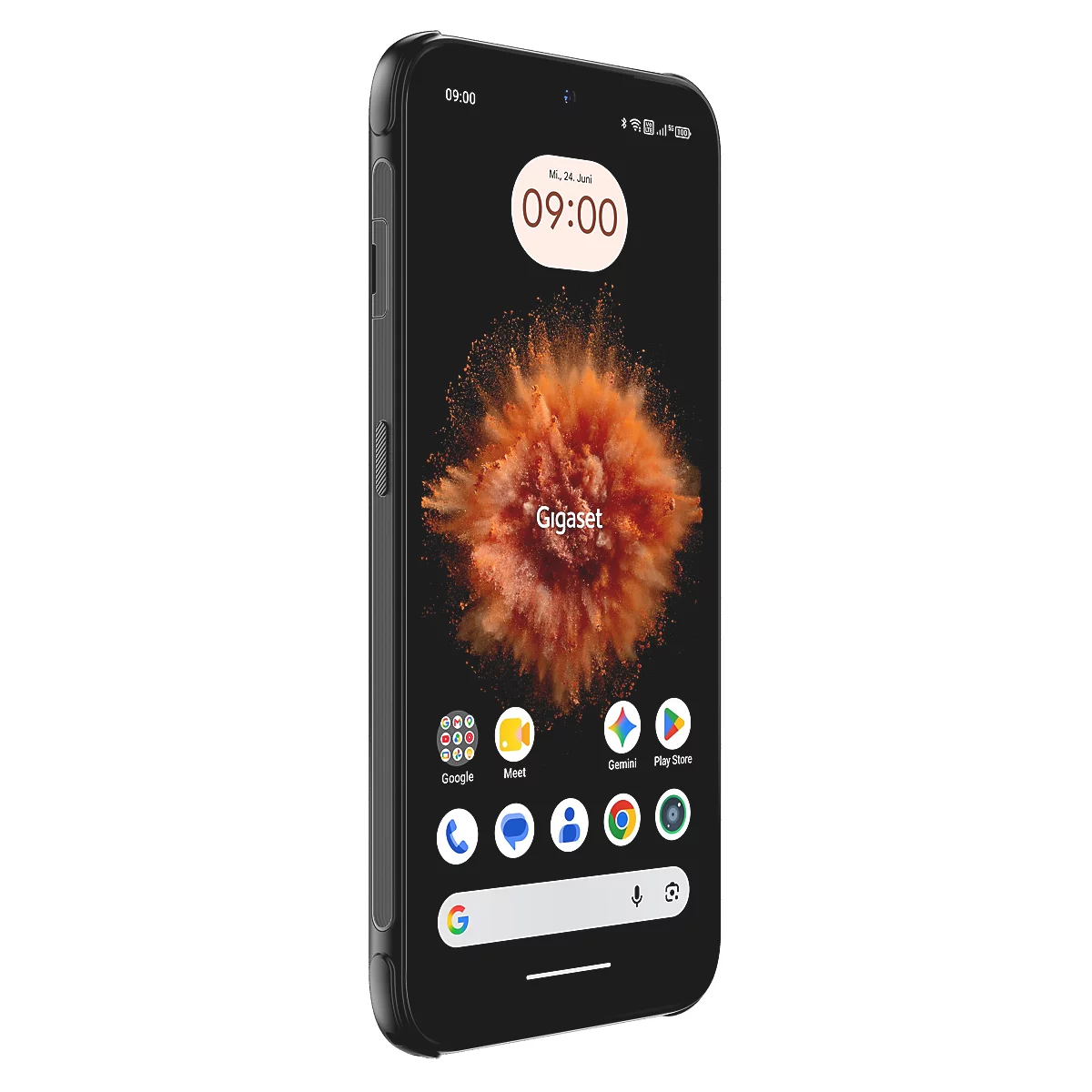 Schwarzes Gigaset Smartphone in Ansicht von leicht schräg vorne mit aktivem Display und bunten App-Icons.