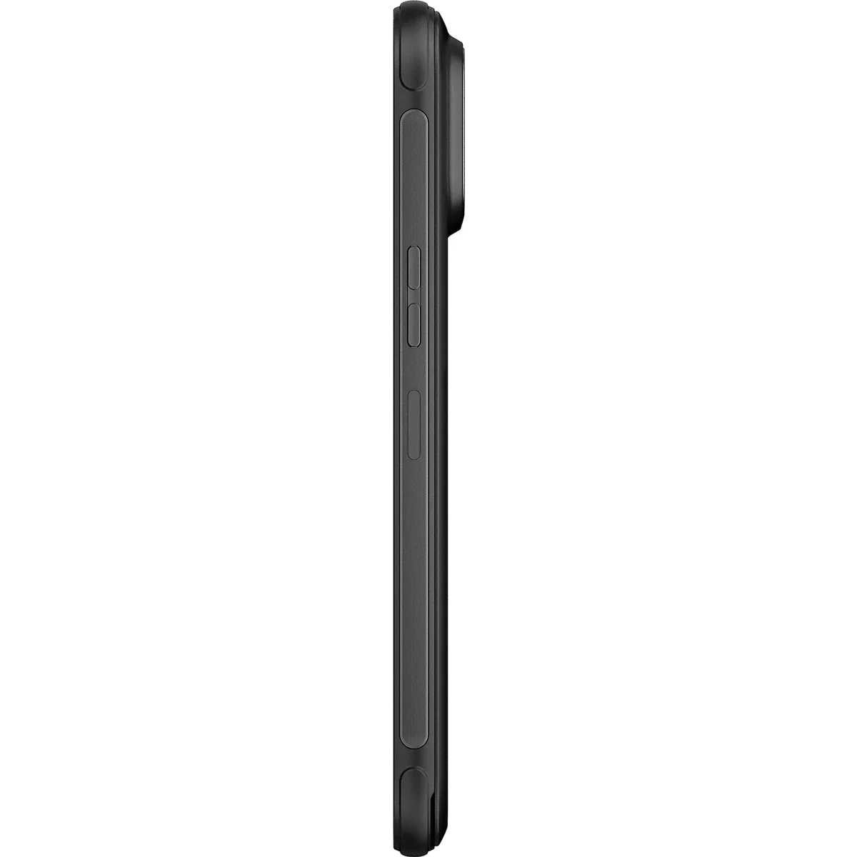 Seitenansicht eines schwarzen Smartphones mit sichtbaren Lautstärke- und Sperrtasten am Gehäuserand.