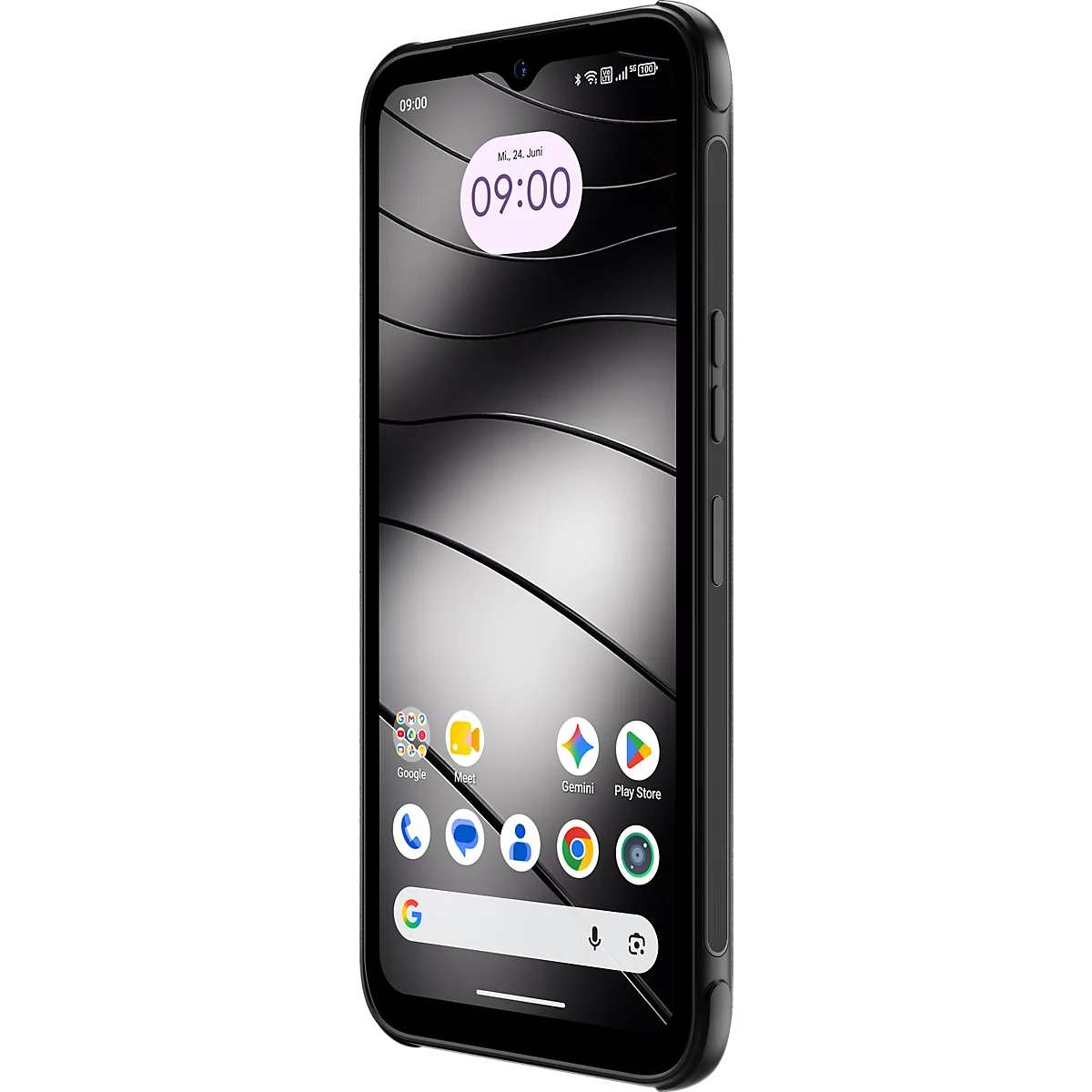 Schwarzes Smartphone mit Wellen-Hintergrund, Uhrzeit 09:00 Uhr und App-Icons auf dem Display.