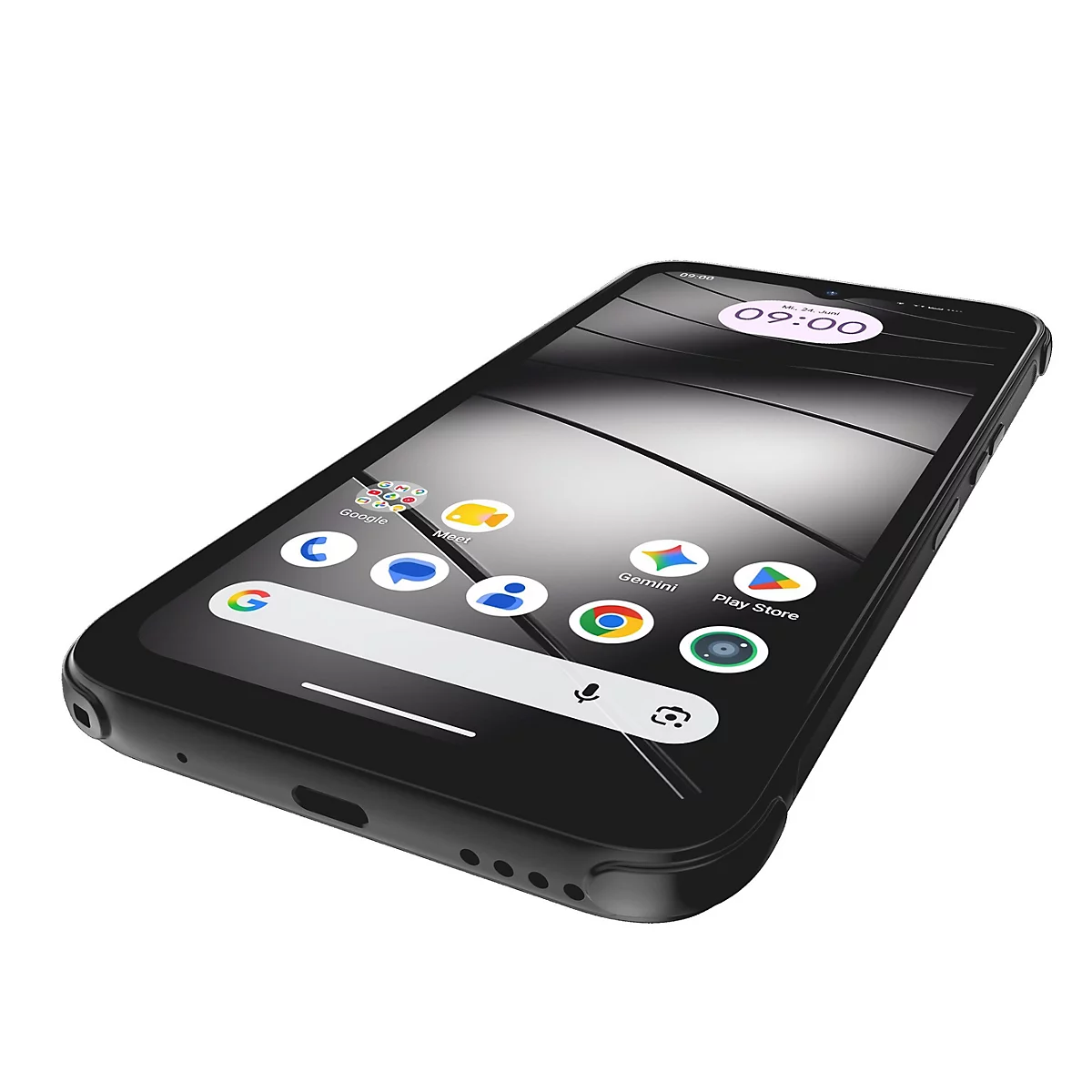 Ein schwarzes Smartphone aus der Perspektive von schräg oben, Display mit App-Symbolen aktiv.