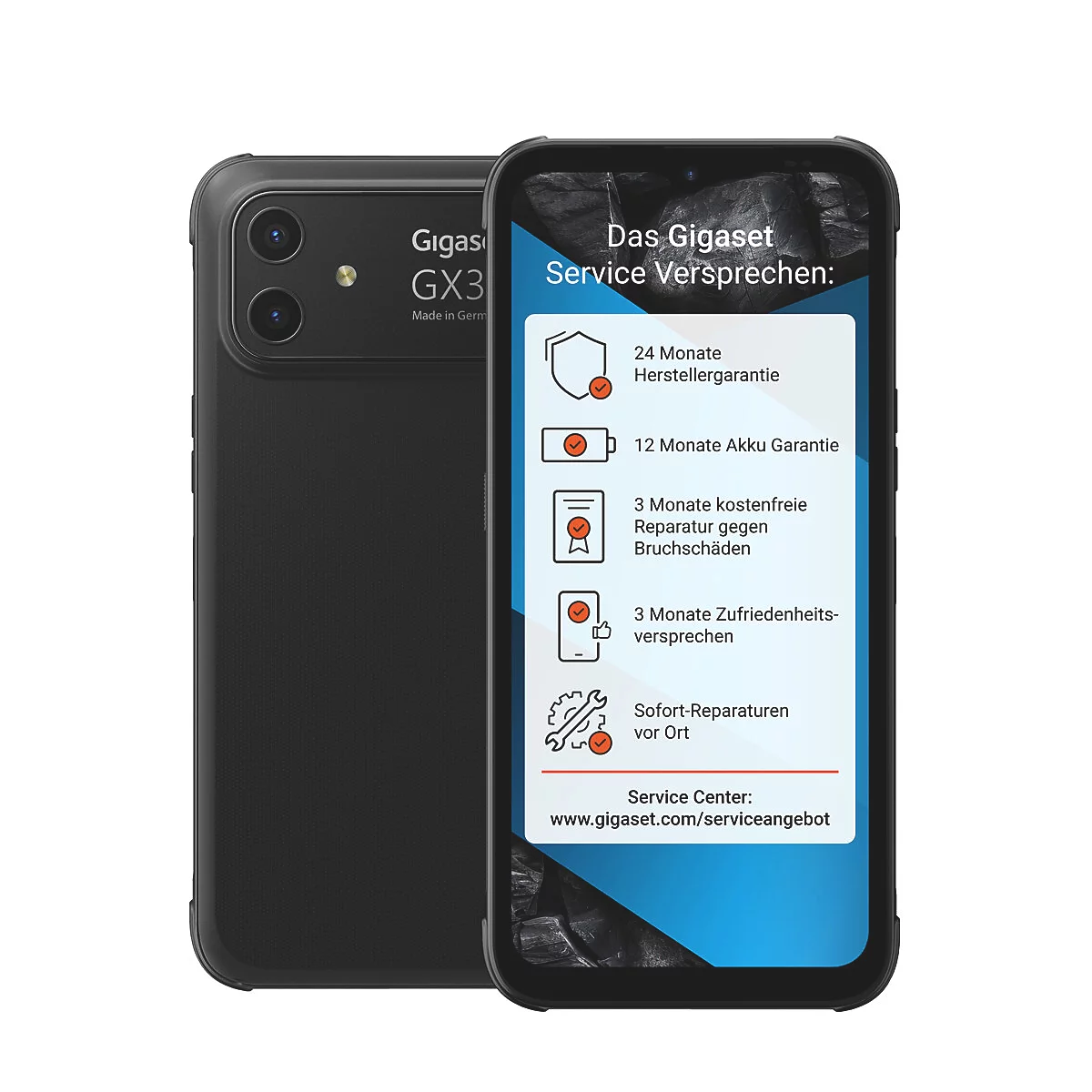 Gigaset GX3 Smartphone zeigt das Service-Versprechen auf dem Display mit Garantiedetails.
