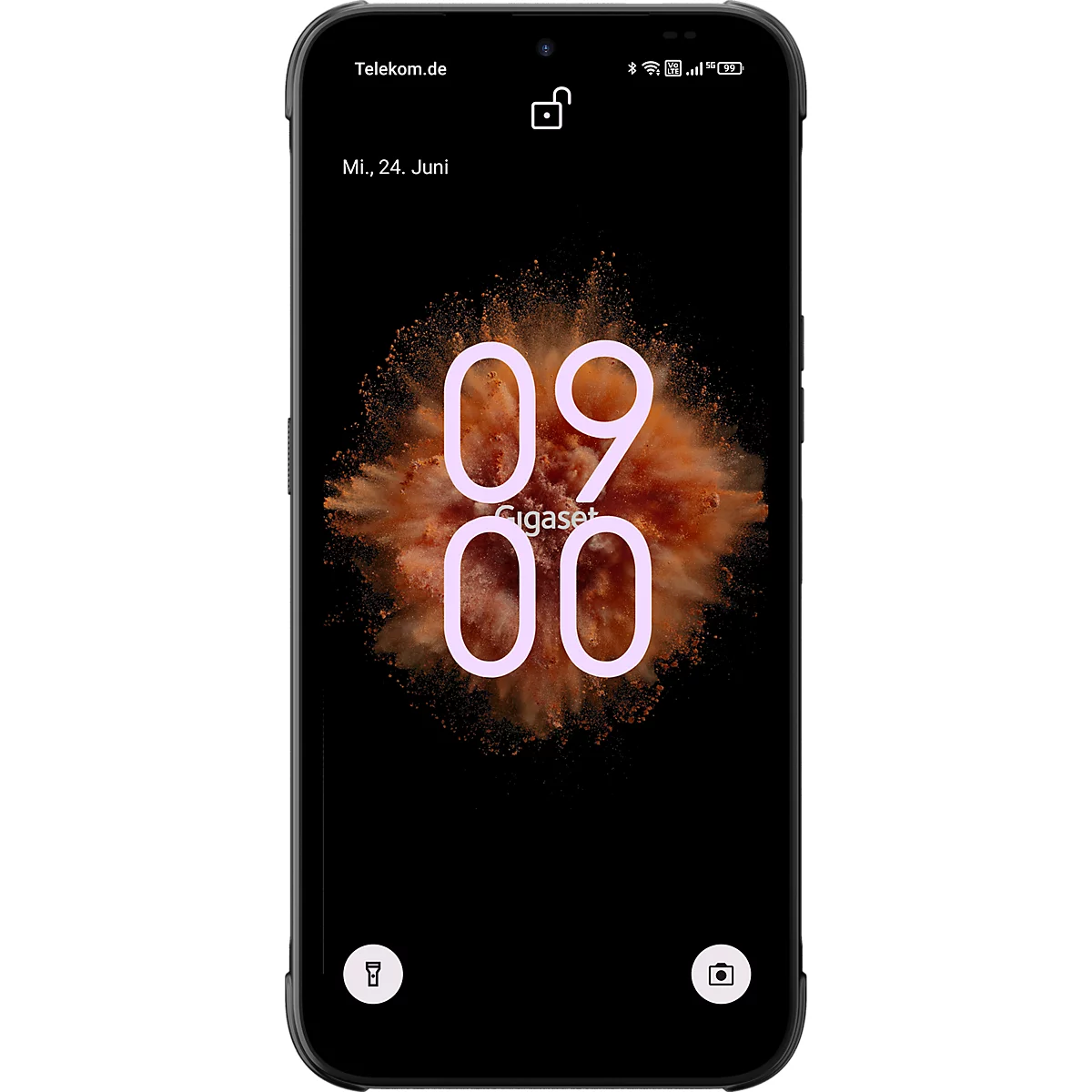 Gigaset Smartphone mit Sperrbildschirm, zeigt Uhrzeit 09:00 Uhr und Datum 24. Juni an.
