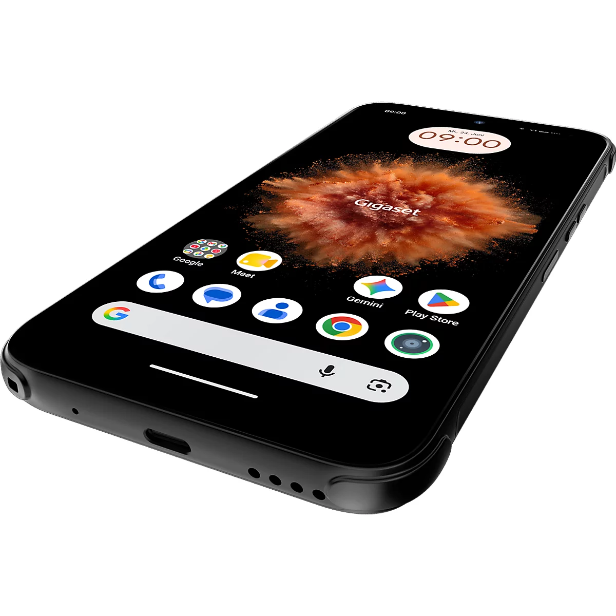 Ein schwarzes Gigaset Smartphone in Perspektive mit Display-Anzeige inklusive Google-Apps.