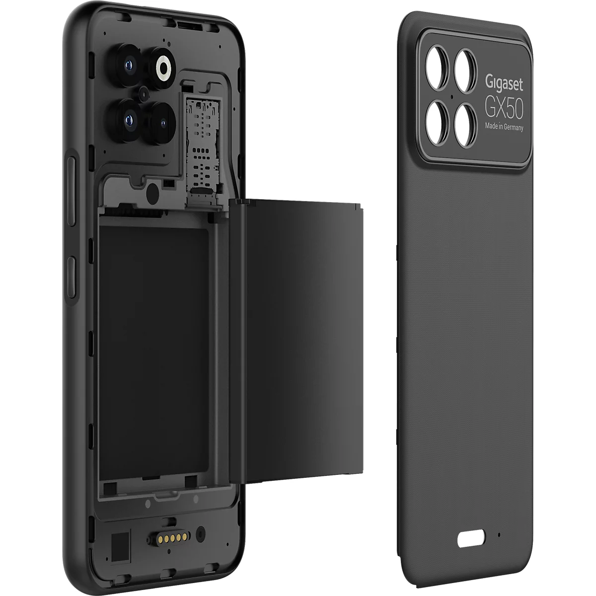 Gigaset GX50 Smartphone mit entnommenem Akku und abgenommener Rückschale auf weißem Hintergrund.