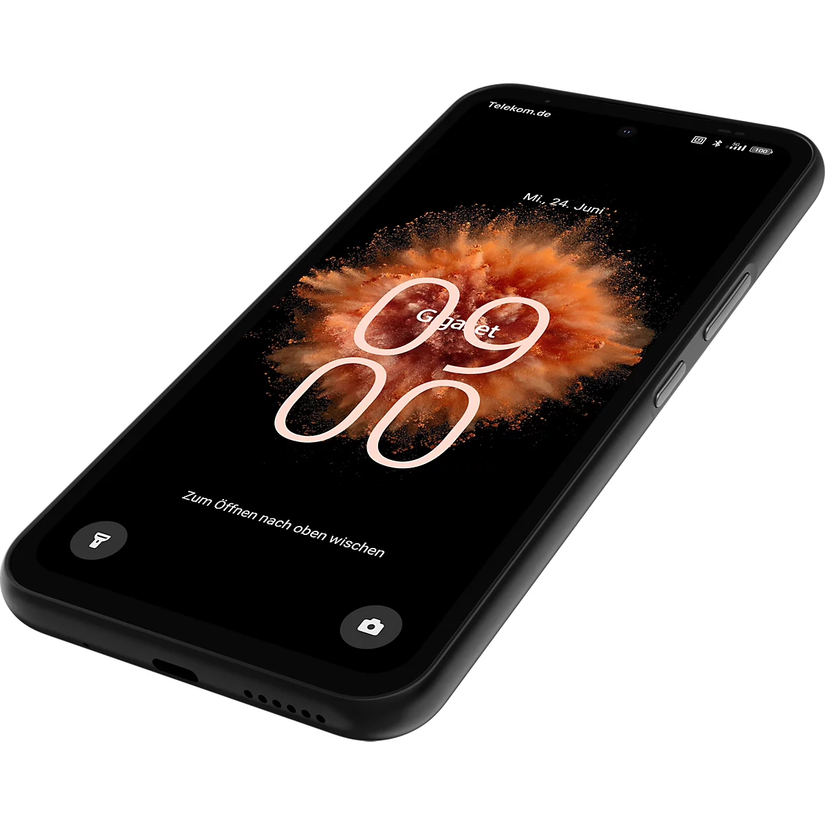 Schwarzes Smartphone in Schrägansicht. Das Display zeigt die Uhrzeit 09:00 Uhr und die Aufschrift Zum Öffnen nach oben wischen.