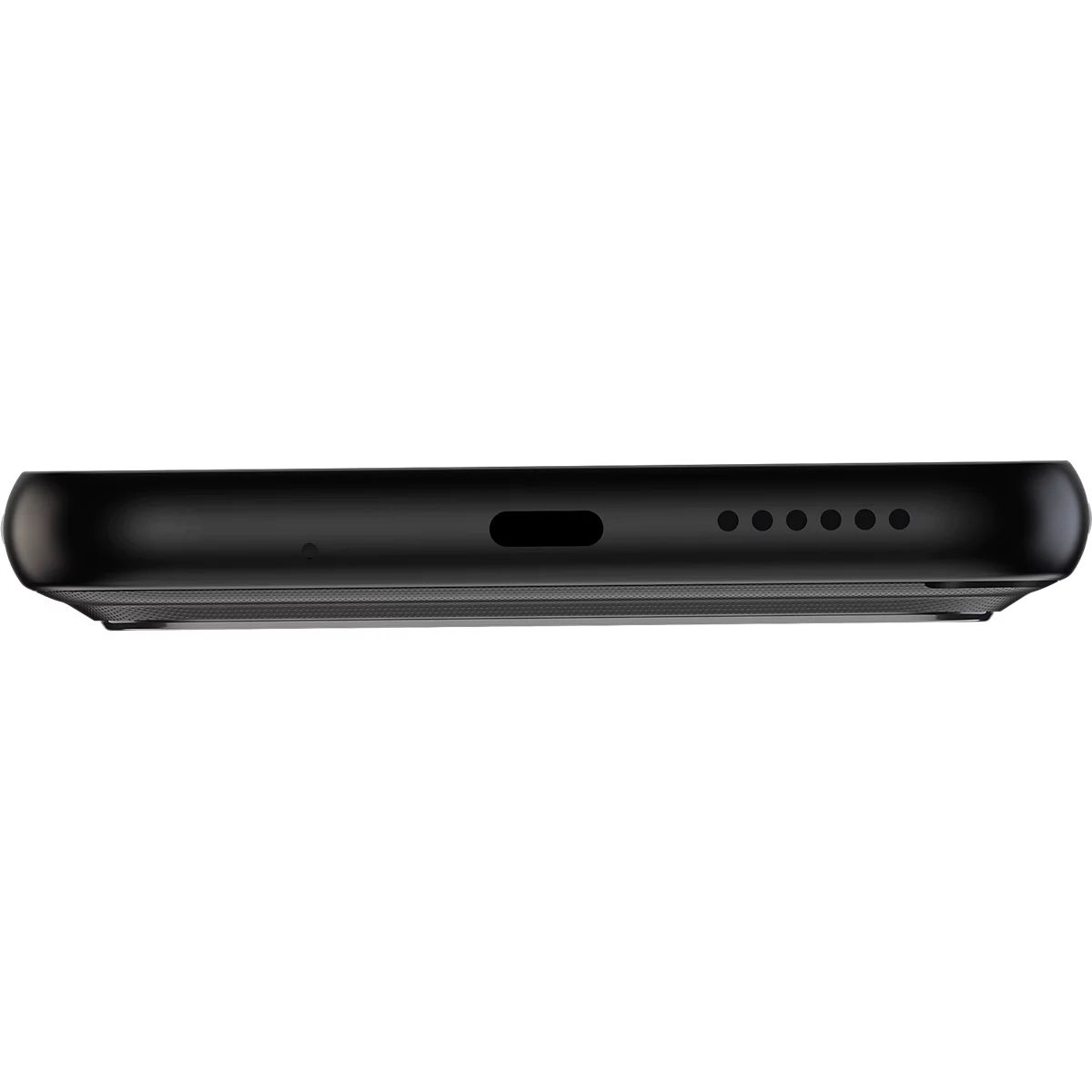 Unterseite eines schwarzen Smartphones mit USB-C-Anschluss und Lautsprecheröffnungen.